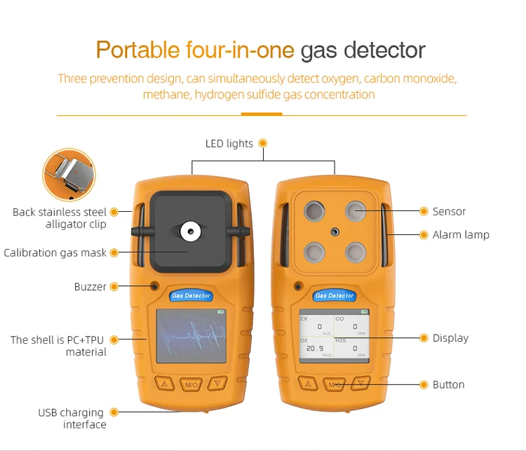 Factory Portable 4 in 1 Gas detector Monitor Explosive gas detector,(Vibration, Audible, Visual) H2S, O2, CO,LEL 4 Gas Meter