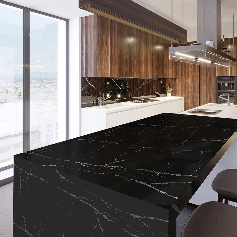 Chinese Good Supplier Artificial Stone Polished Black Color White Vein Quartz Stone for Table Top Countertop
