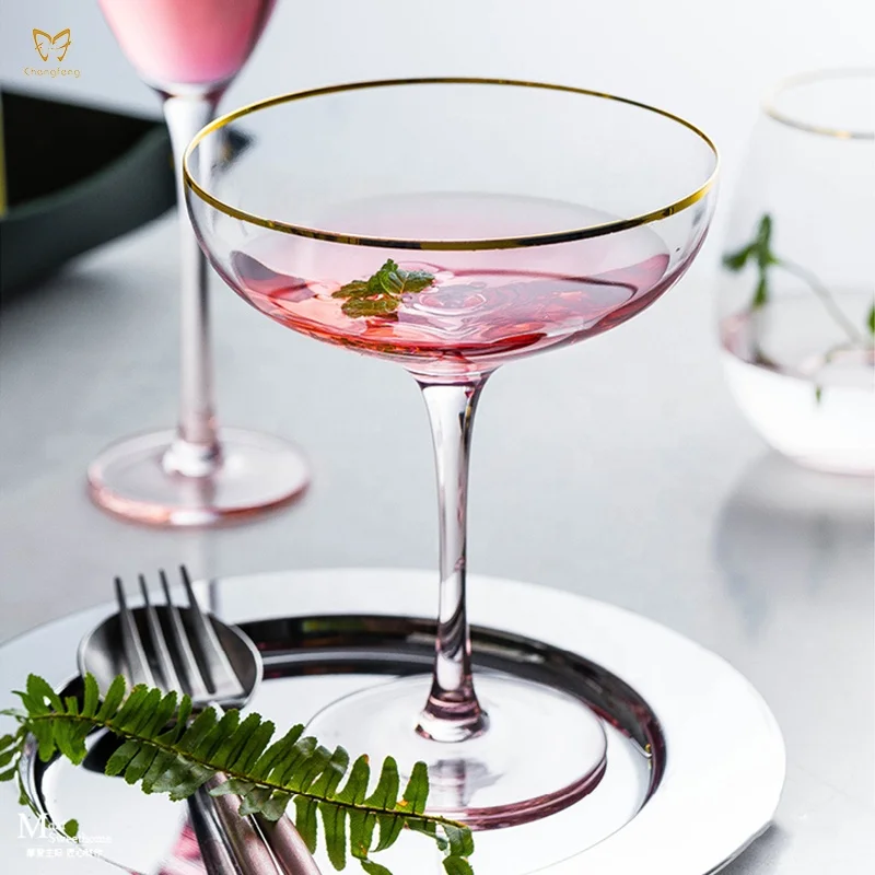 Luxury Wedding Glass Cup Set Colored Pink & Gilded Rim Coupe Glass, Champagne, Martini & Cocktail, Dessert & Drinking Glasses