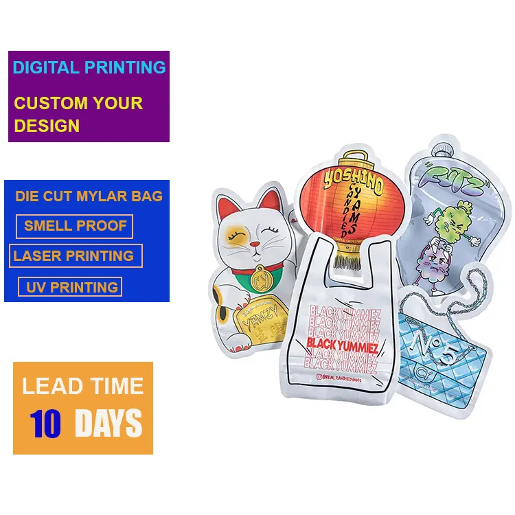 Digital Printing Custom Special Shape 3.5G Die Cut Mylar Bag Childproof Reaselable Aluminum Pouch