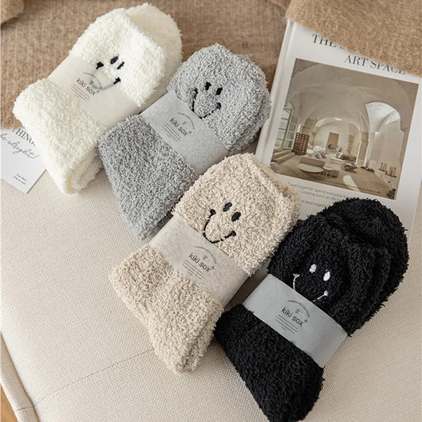 Smiley embroidery Wholesale Thick  Coral velvet fuzzy Warm Soft Women Cozy Winter Bed Socks Floor Home Fluffy Indoor Tube Socks
