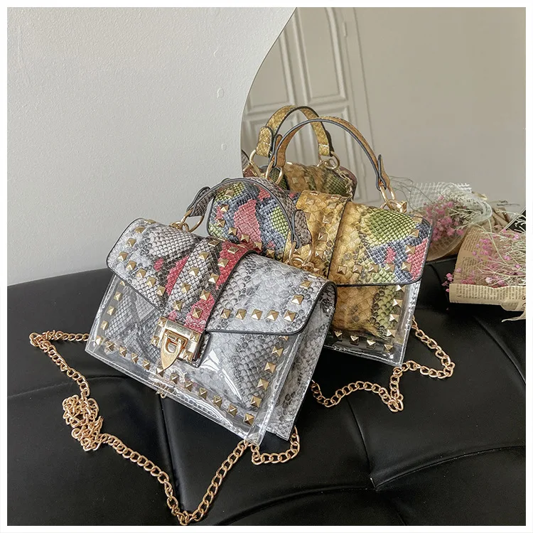 Fashion Doodle Messenger Bags Chain Jelly Rivets Transparent Square Pvc Female Shoulder Graffiti Handbag And Purses