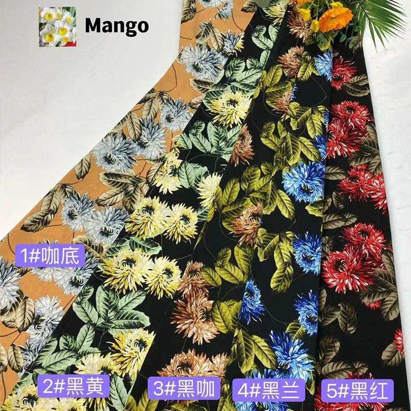 Самая низкая цена изготовленная на заказ дизайнерская Полиэстеровая ткань с цветочным принтом 100% полиэстер черная зеленая цветным узором для женщин платье рубашка юбка