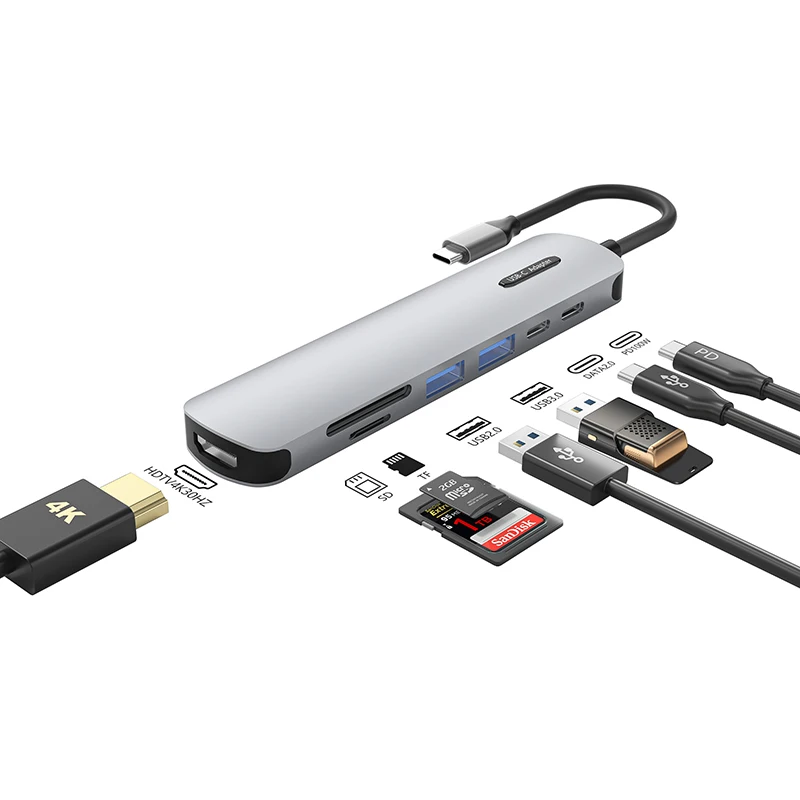 Usbc Hub Type-C 7 Ports  Pd3.0 100W Usb3.0 Tf Sd Card Reader 4K Laptop Docking Station 7 In 1 Dock Dual Usb C Hub Usb C Hub