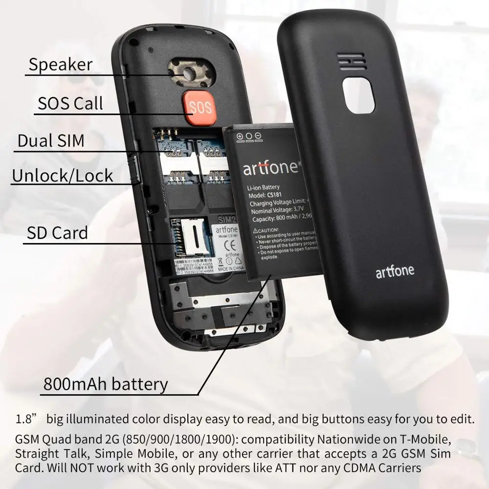Artfone CF241A GSM раскладушка с большой кнопкой мобильный телефон для пожилых людей телефон-раскладушка SOS-черный