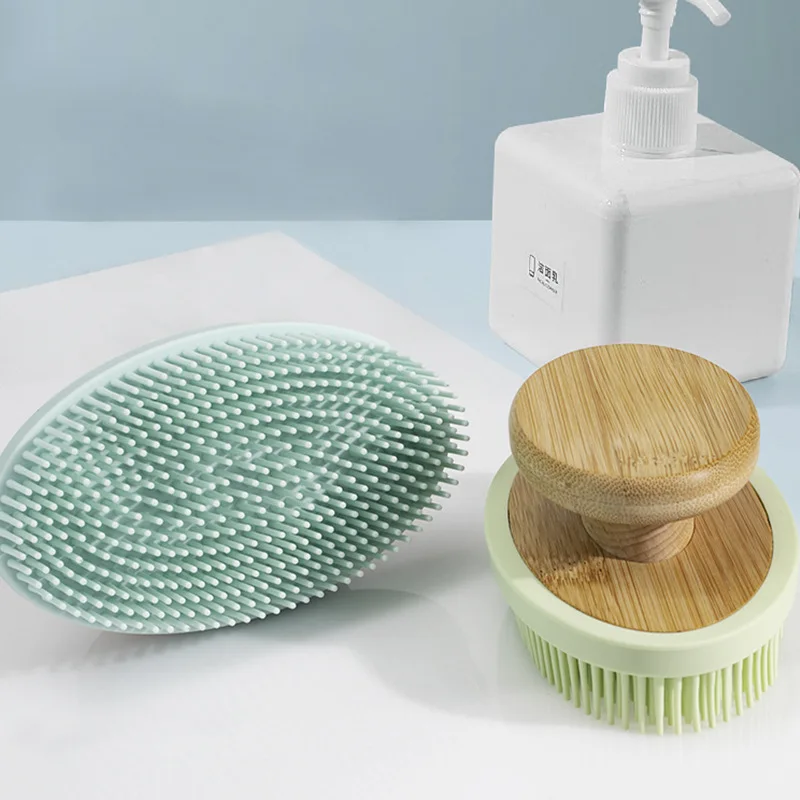 Private logo Bamboo Silicone Body head shampoo Scrubber Brush Shower Brush for Sensitive Skin of Man Woman Kids