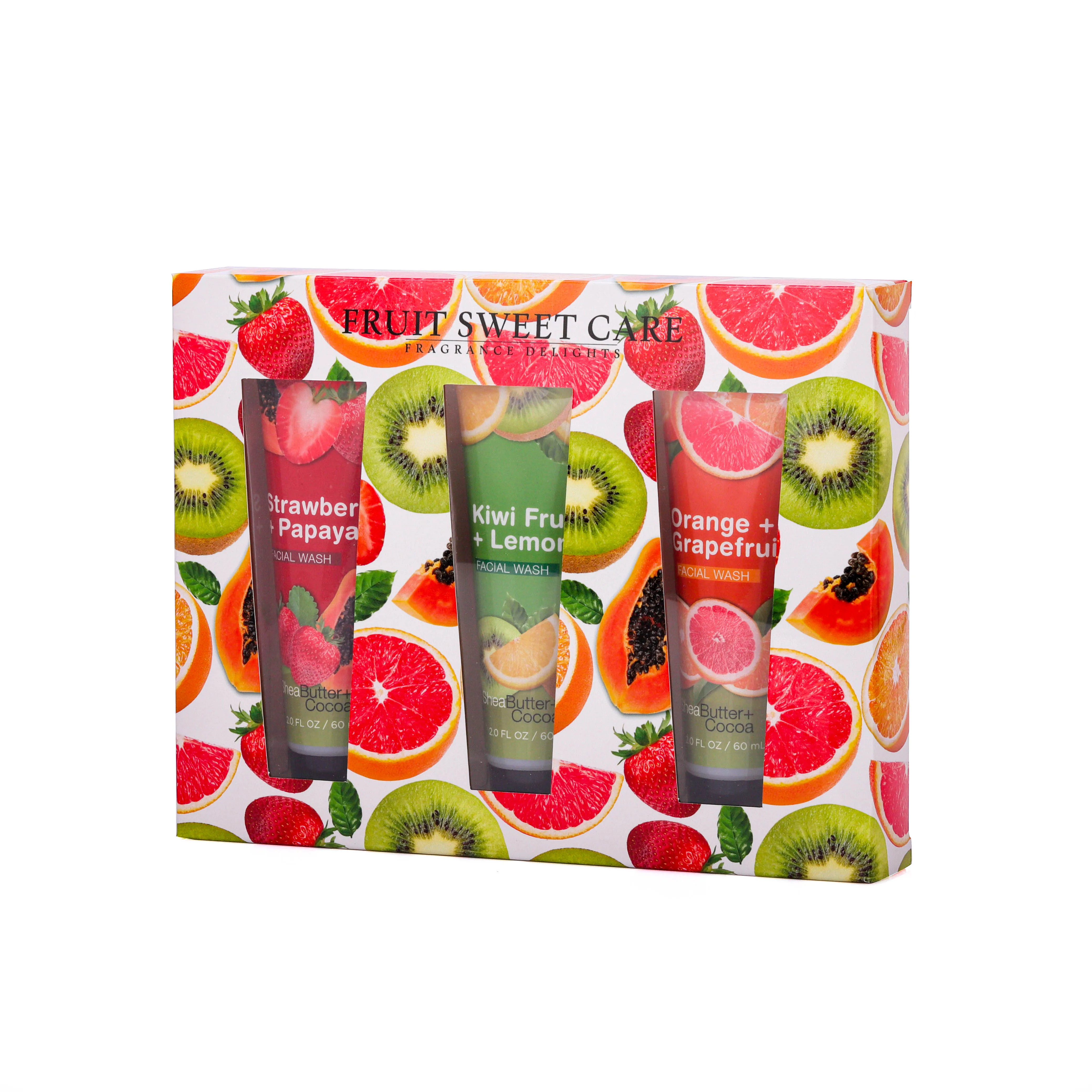Customized wholesale fruit design women 60ml facial wash spa gift set with paper box