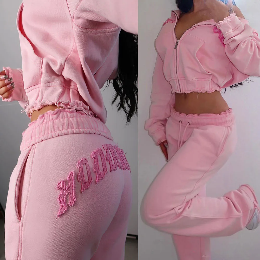 Custom streetwear sweatsuit cut sew applique distressed embroidery patch cropped hoodie and sweatpants set tracksuits for women