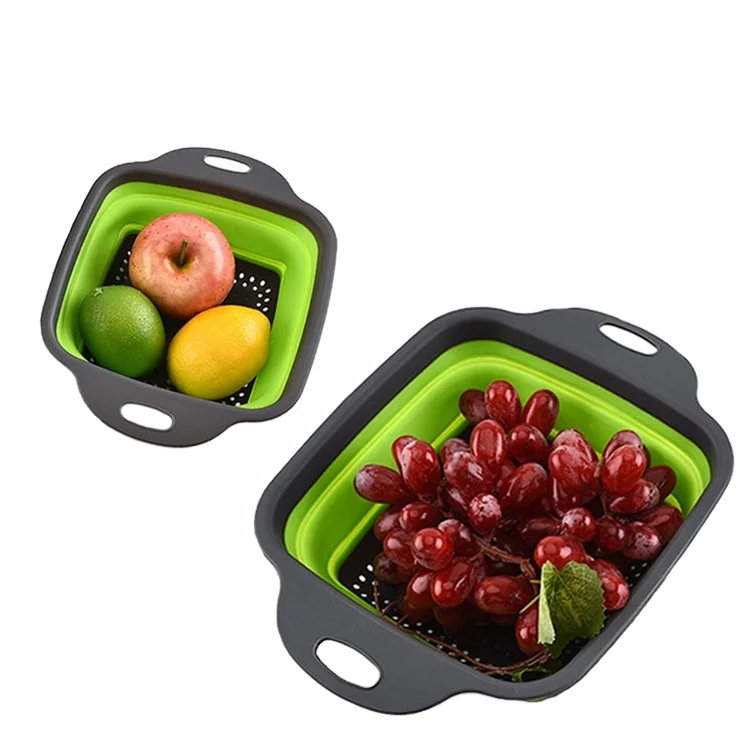 Kitchen Tools Fruits Food Silicone Drain Storage Plastic Folding Basket Fruit Washing Silicone Drain Basket