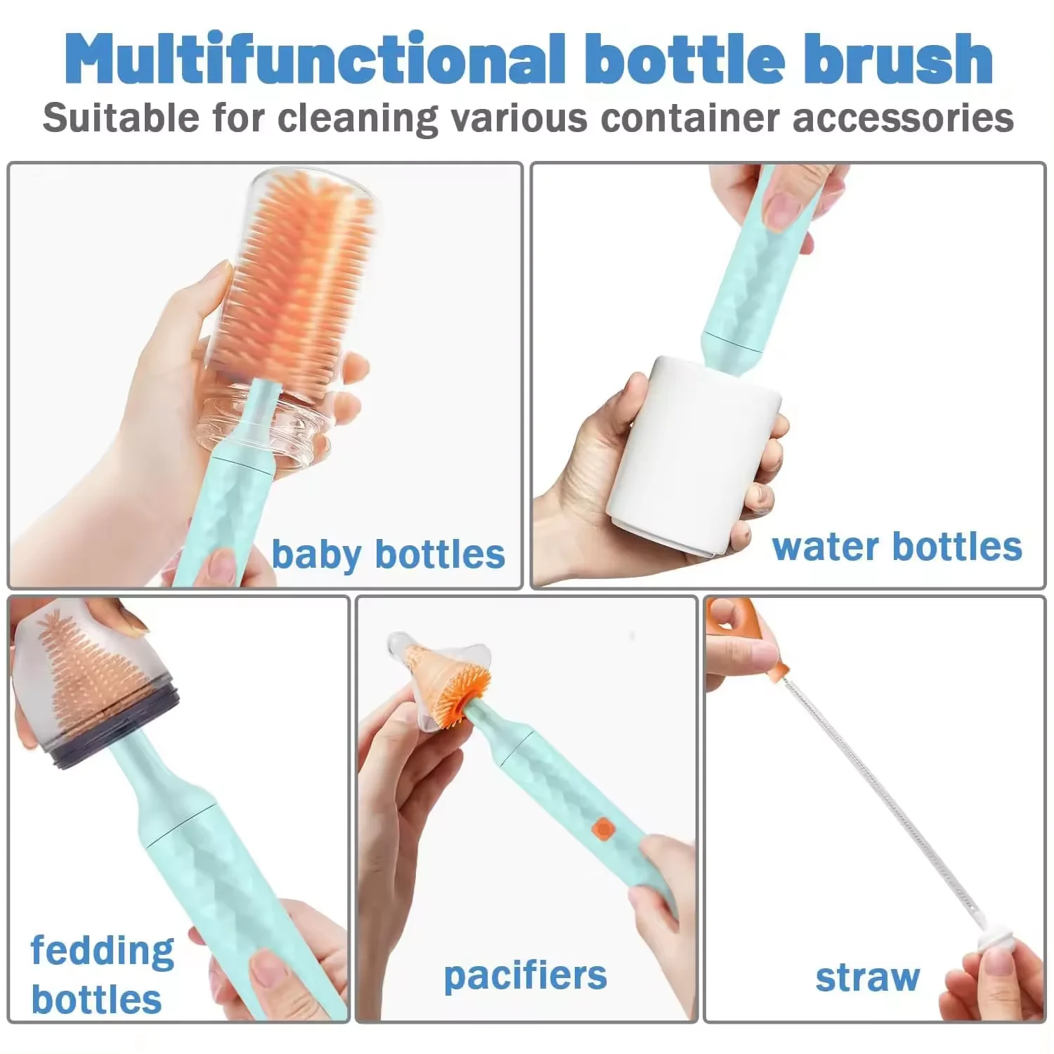 New Hot 3 in 1 Multipurpose Baby Bottle Brush Set Silicone Cordless Electric Bottle Cleaning Brush With Baby Clip