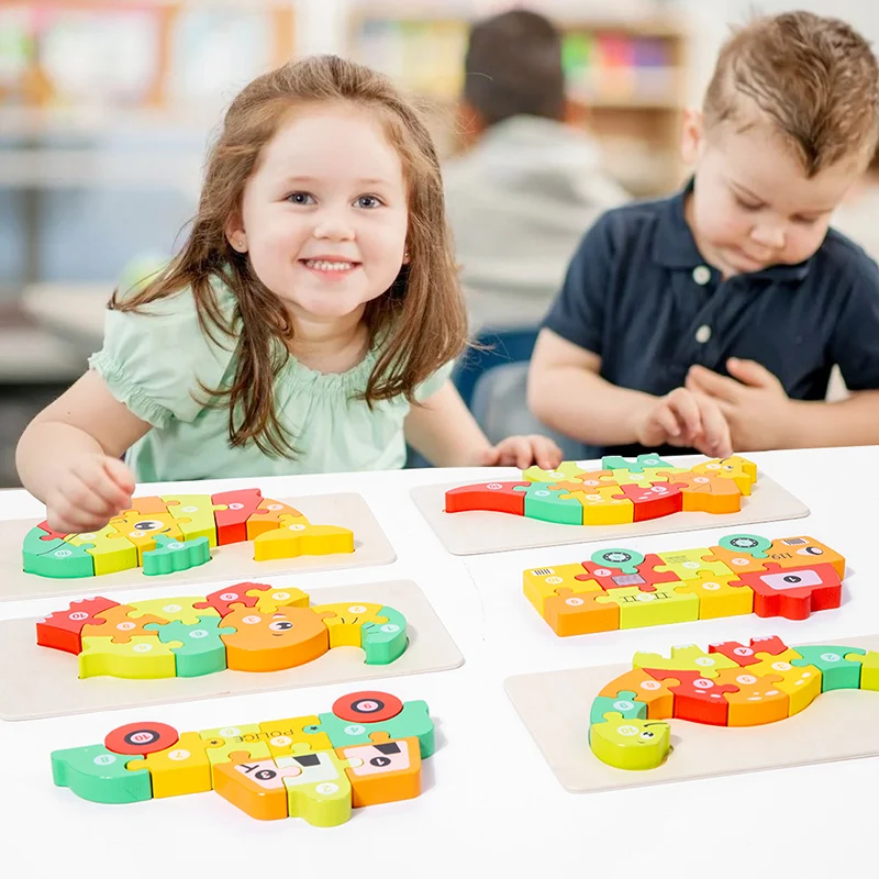 New design Montessori 12 style wooden 3D Dinosaur Car puzzle board Animal Learning Puzzles Game