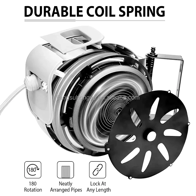 180 Horizontal Rotate Wall Mount Rewind Hose Reel Prevent Distortion Quick Connector 20M Automatic Lock at any Length Hose Reel