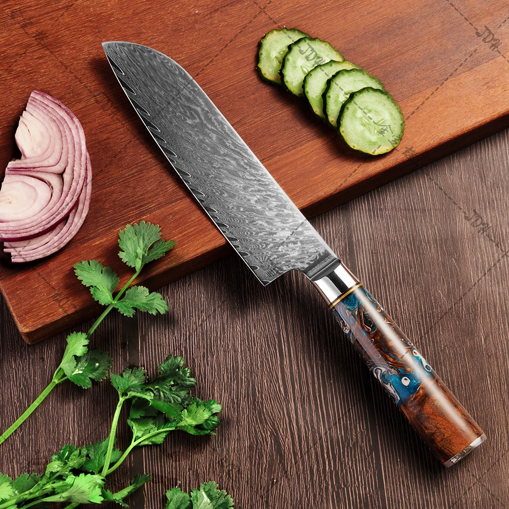 9 Pcs Damascus Kitchen Knife Set 67 Layers Damascus Steel Kitchen Knives with Resin Handle Brown