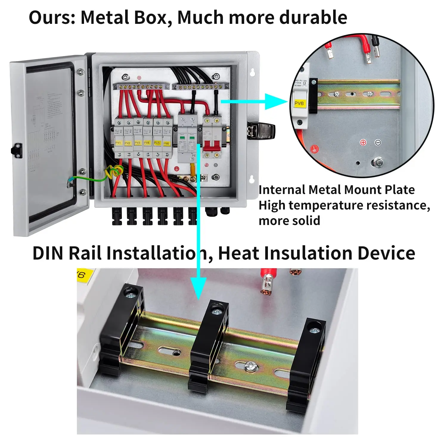 Metal 6 String Solar Combiner Box DC Solar Panel PV Junction 63A Circuit Breaker,IP65 Waterproof Fuse Lightning Indicator Lock