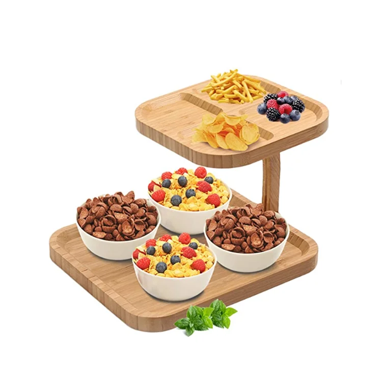 High quality square natural wooden cake stand 2 tier tray bamboo dessert tray