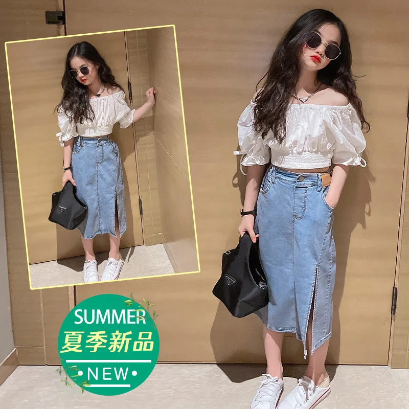 Korean Style Summer Baby Dresses Outfits Shirt And Denim Skirt 2pcs Sweet Teenager Girl Clothing Set