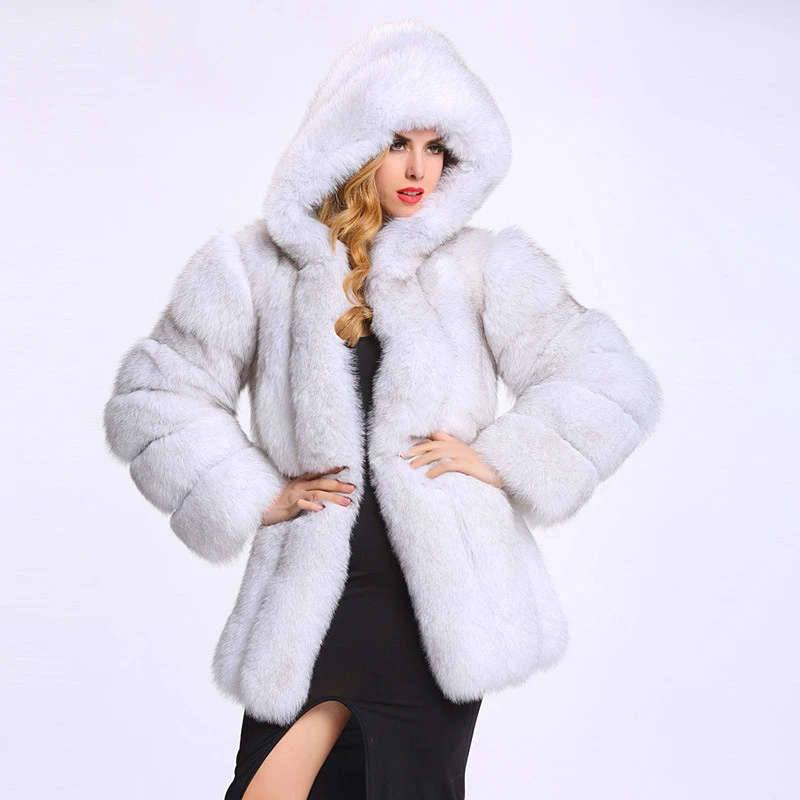 Women Artificial Fur Outwear Hooded Faux Fox Fur jacket Fake Fur coat