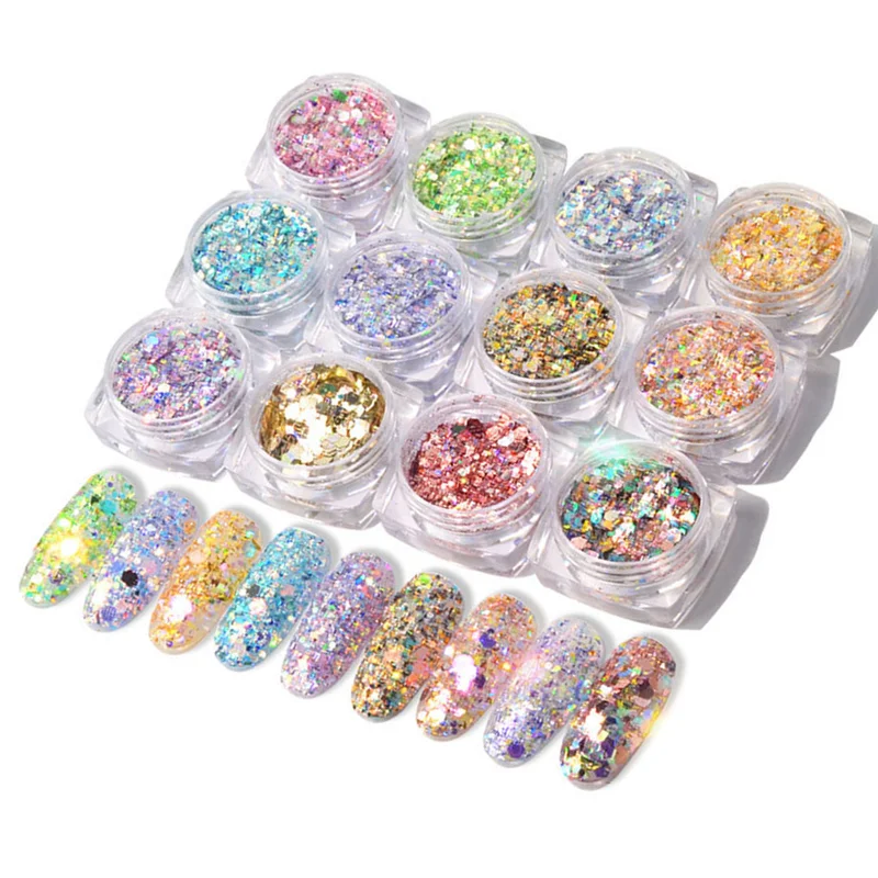 Оптовая продажа 12 цветов акриловый порошок для ногтей симфония Блестящий Шарм смешанные размеры принадлежности для дизайна ногтей хрустальный порошок