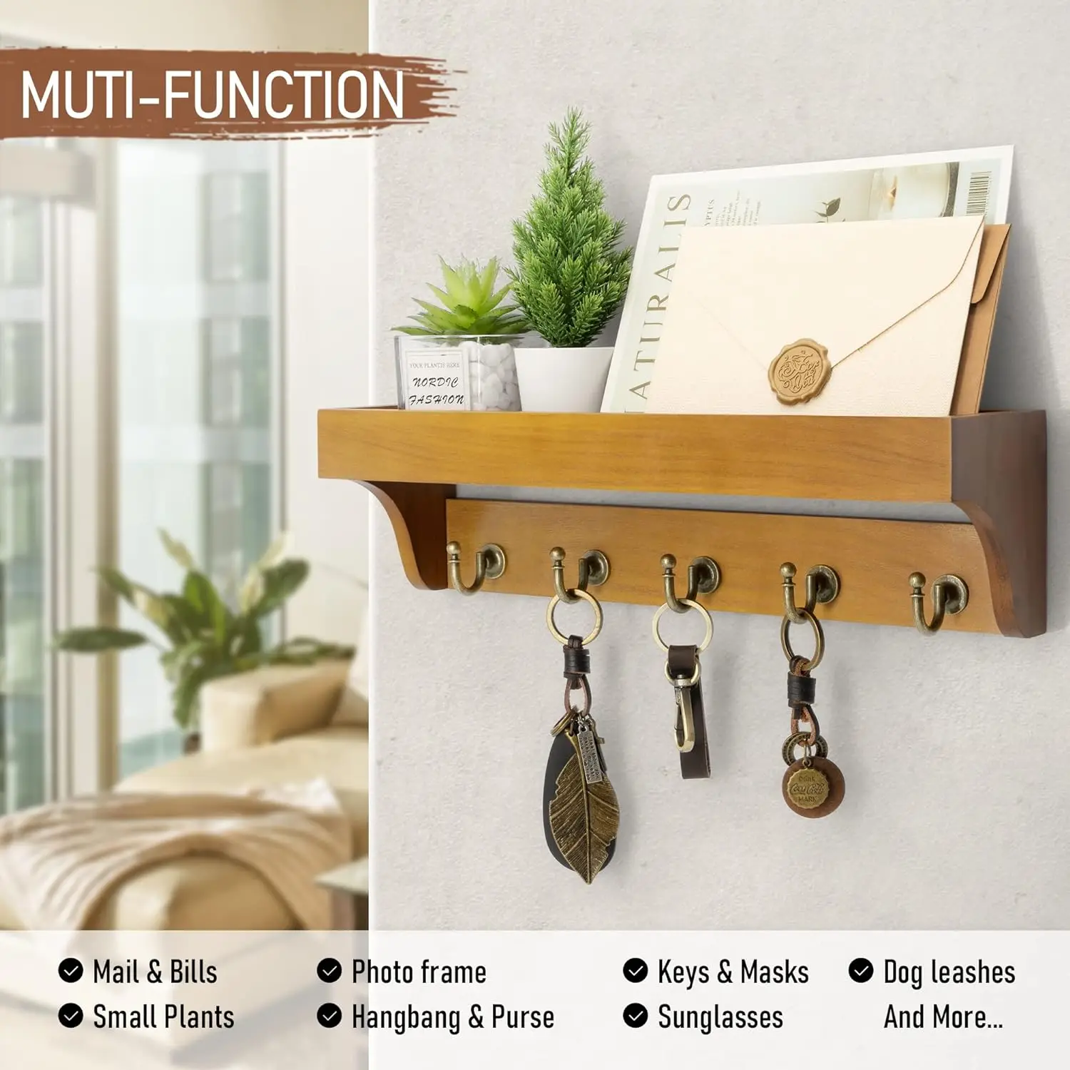Wooden Key Holder for Wall Decorative Mail and Key Rack Key Loop and Hook Wall Mounted Key Holder Hotel Car Key Card Holder