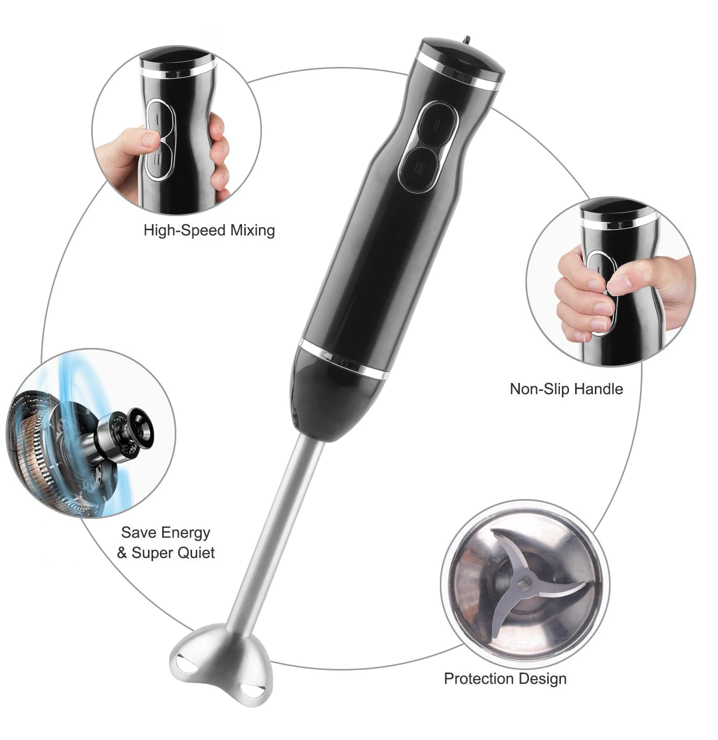 Immersion Hand Blender Electric Hand Held Blender Crusher Push Button Multifunctional Household Plastic 2 Speeds 3 in 1 300 1.5