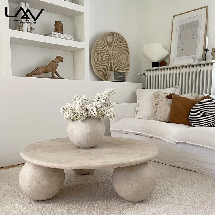 Nordic Designer Style Travertine Round Coffee Table Villa Living room Sphere Shape Leg Natural Stone Coffee Table