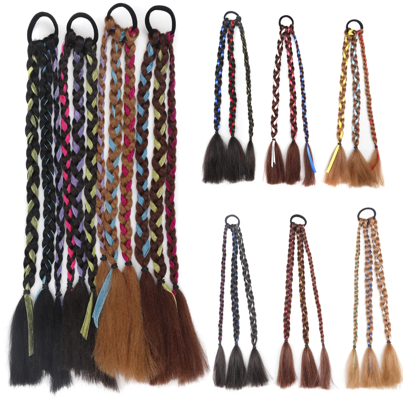 Synthetic Ponytail Hair Extensions Twist Braid With Elastic Rope Boxing Braids Braided Ponytail Black Hairpiece Multi Color Hair