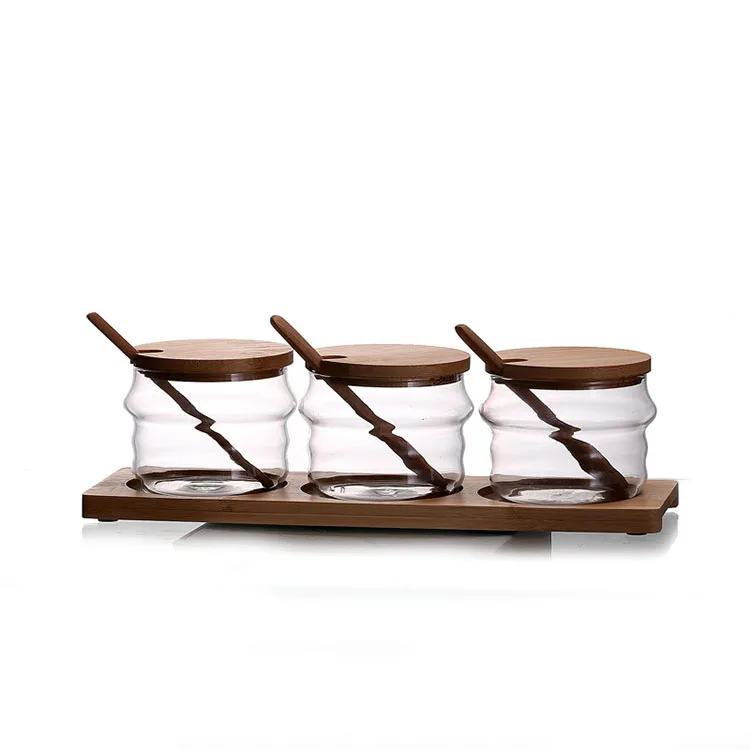 Spice Jar Pepper Condiment Container Kitchen Spoon Seasoning Box Set 230ml Salt Sugar Glass Food Modern Bamboo Glass Support