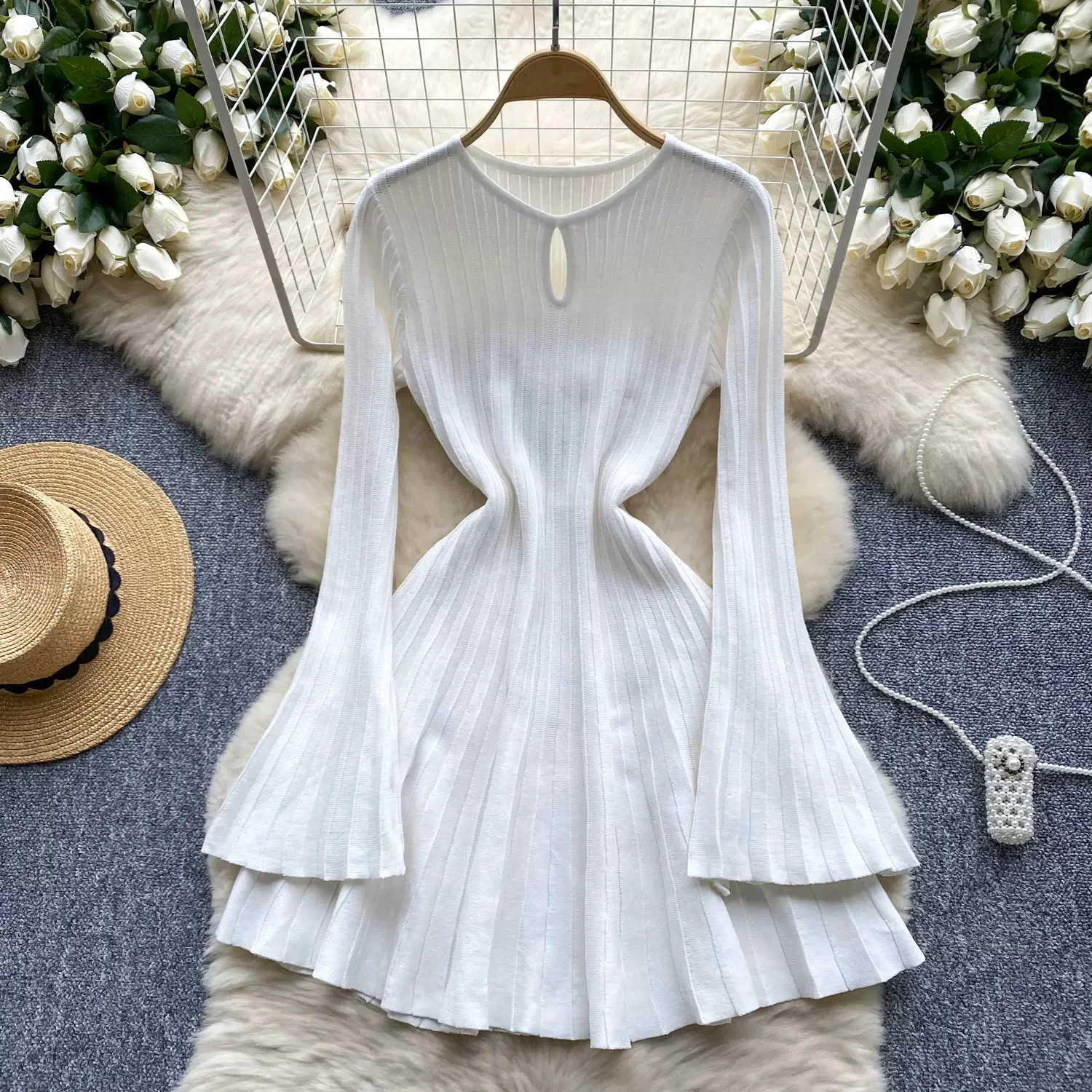 Autumn hollow round neck long sleeved waist cinched knitted dress slim looking versatile base dress