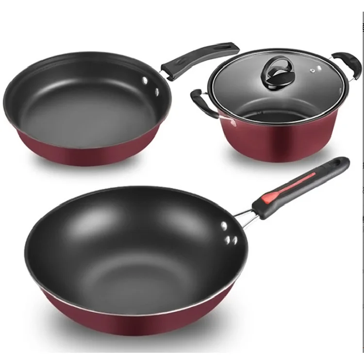 Fine iron non stick kitchen gift pot, flat bottom frying pan 3pcs set of non stick pots Hot Sell Frying Cookware Non Stick