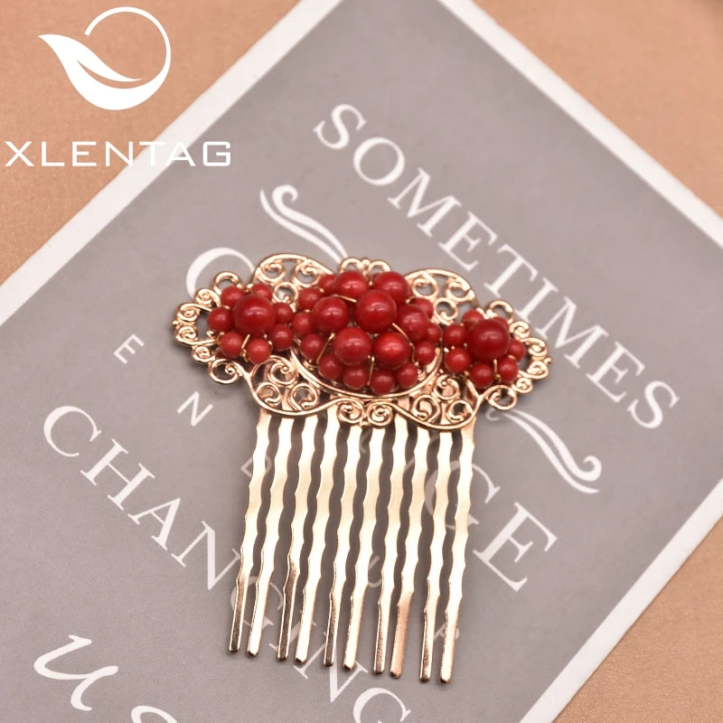 Natural Round Coral Hair Clip Wedding Bridal Jewelry 18k Gold Vintage Hair Accessori For Woman