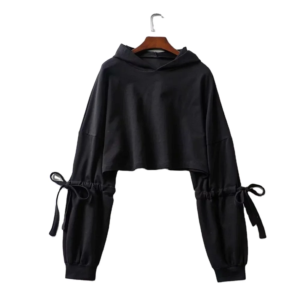 
2020 custom solid color sleeves drawstring ties wide loose hooded sweater short cropped navel crop top hoodies women 