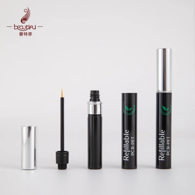 OEM empty repeatable cosmetic packaging 100% pcr 8ml luxury black silver refillable empty eyliner bottle eyelash serum bottles