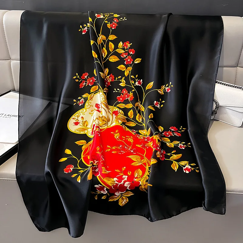 Fashion 2024 Spring Summer Long Large Silk Feelings Head Scarf Muslim Wraps Black Floral Printed Scarves Shawls Stoles for Women