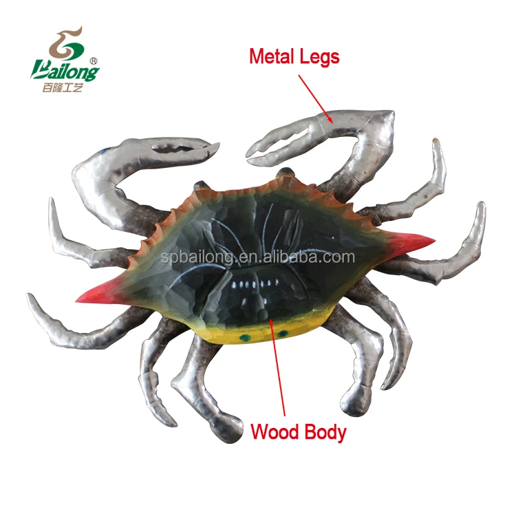 BSCI factory folk art crab shape wood carving craft  metal nautical wall decor