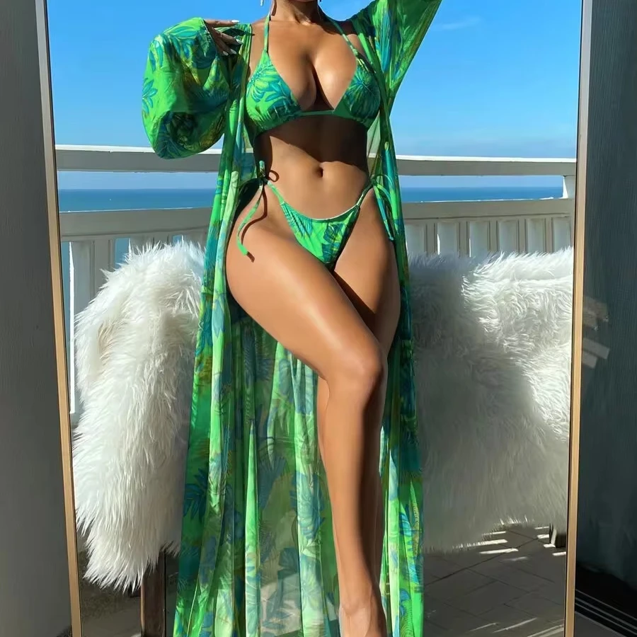 Europe And The United States Swimsuit Women Split Three-piece Long-sleeved Smock Net Red Lace-up Bikini