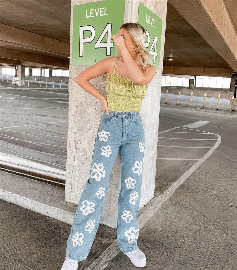 New Vintage flower printed jeans women High waist Harajuku Aesthetic jeans denim streetwear fashion jeans women
