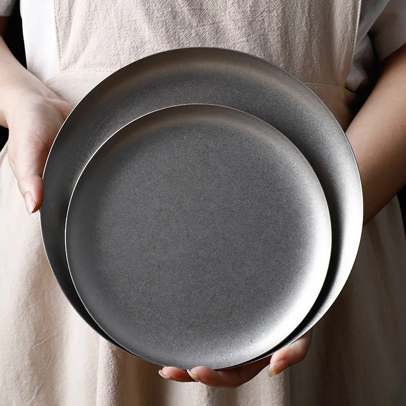 FT0036 Vintage Stainless Steel Plates Round Trays Outdoor Camping Cutlery Make Old Industrial Style Dinner Plates