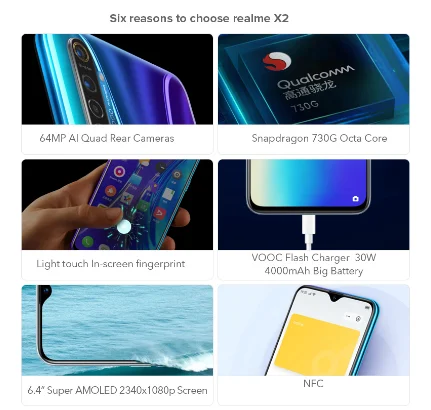 EU Version OPPO REALME X2 6.4' 8GB 128GB 730G 64MP Quad Cameras VOOC 30W Fast Charger 4000mAh NFC Moblie Phone
