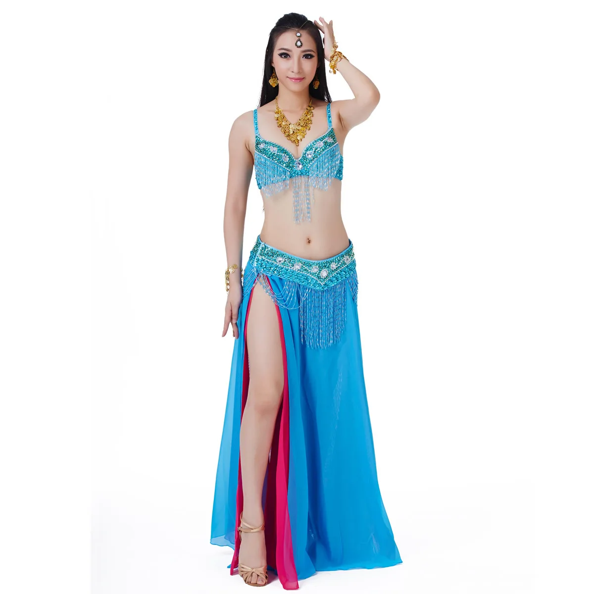 Hot Sale Hight Quality Women Girls Practice Costume Fringe Bra Chiffon Skirt Belly Dance Set