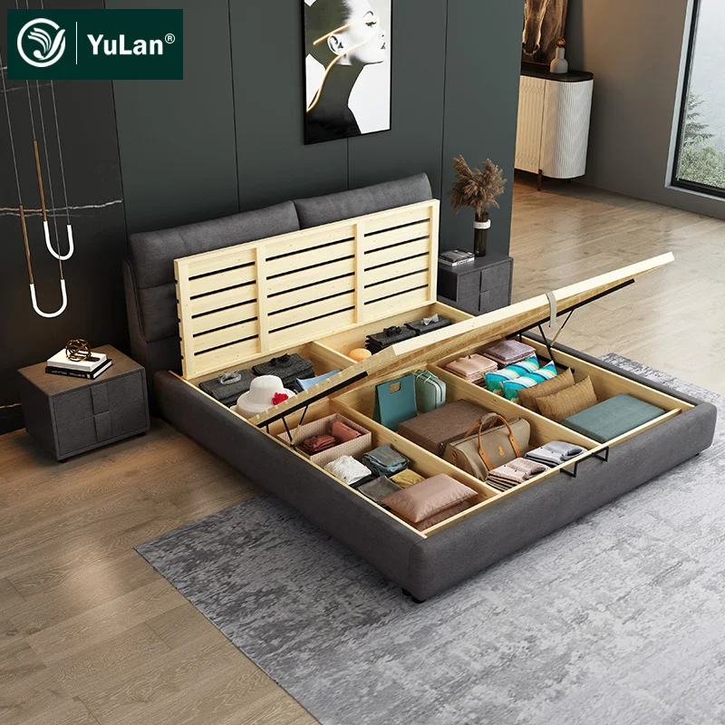 Confortable King queen double size simple modern leather solid wood storage divan bed