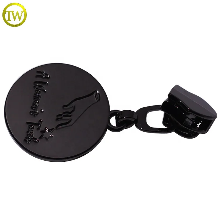 Custom made gunmetal zipper puller tape garment accessory round logo metal puller slider tags for leather crafts