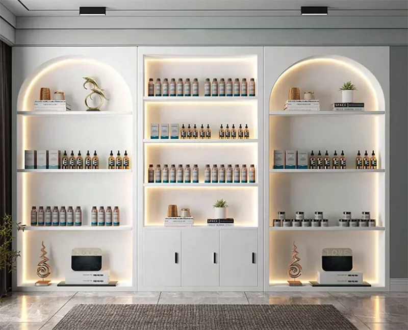 custom body care essence oil display shelves essence oil showcase with LED light Hair Serum Essential promotion display stand