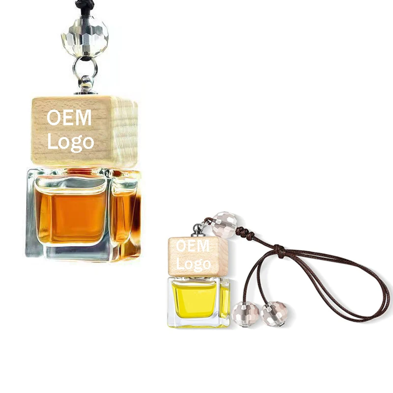 Custom wholesale Car Pendants Liquid Hanging Car Perfume wood Glass Bottle 8ml   Auto Fragrance Diffuser Car Air Freshener