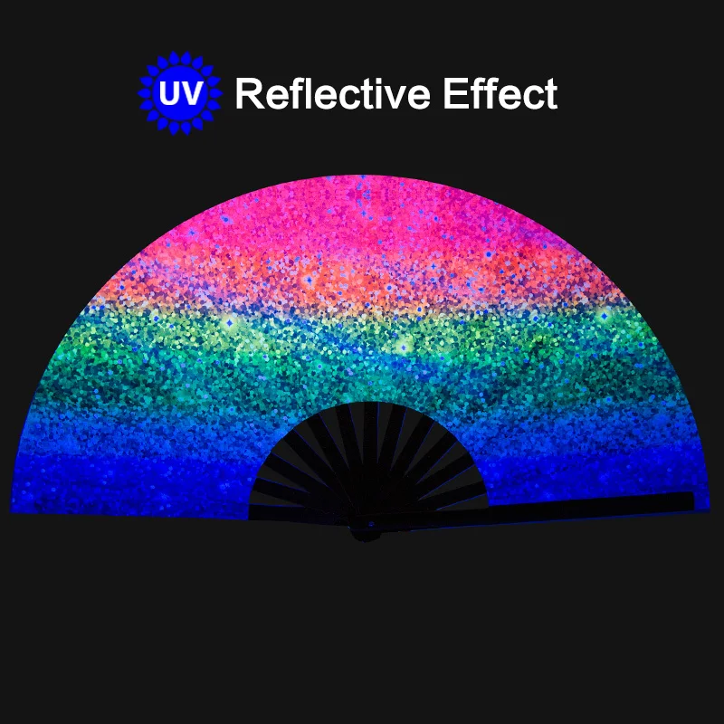 UV Reflective 33cm Large Bamboo Fabric Rave Hand Fan Disco Dancing Festival Clack Folding Fan