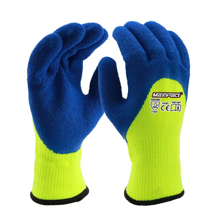 MaxiPact 7G High Visibility Latex Crinkle 3/4 Dipped Protective Gloves Polyester Terry Industrial Safety Gloves Home Use Brushed
