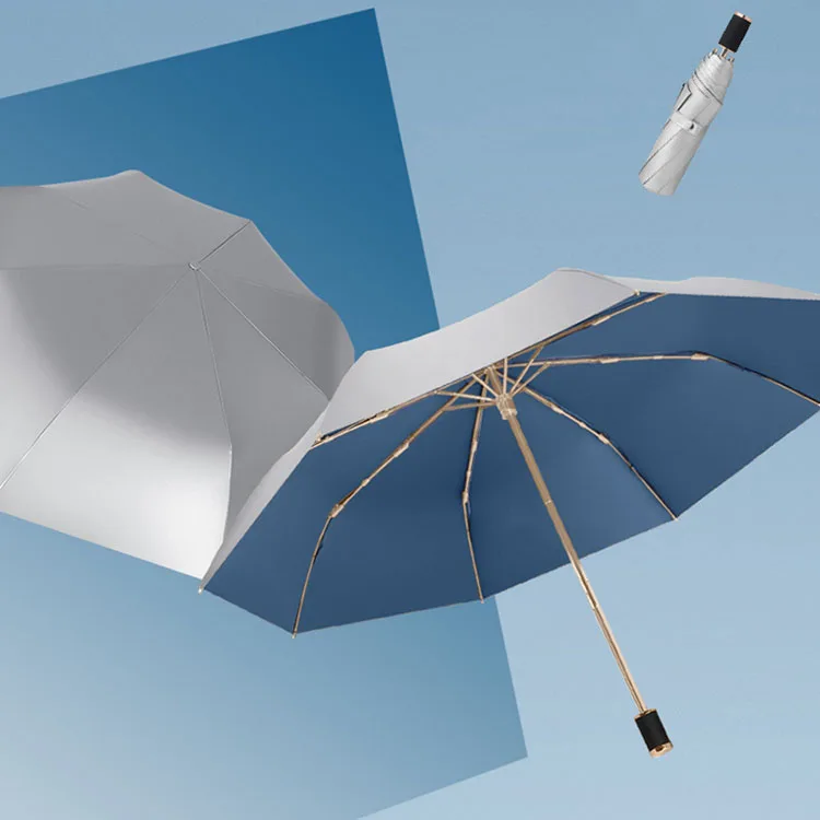 OEM Custom Double Silver Glue Sunscreen UPF50+ 8 Bone Three Folding Wooden Handle Automatic Umbrella With Logo