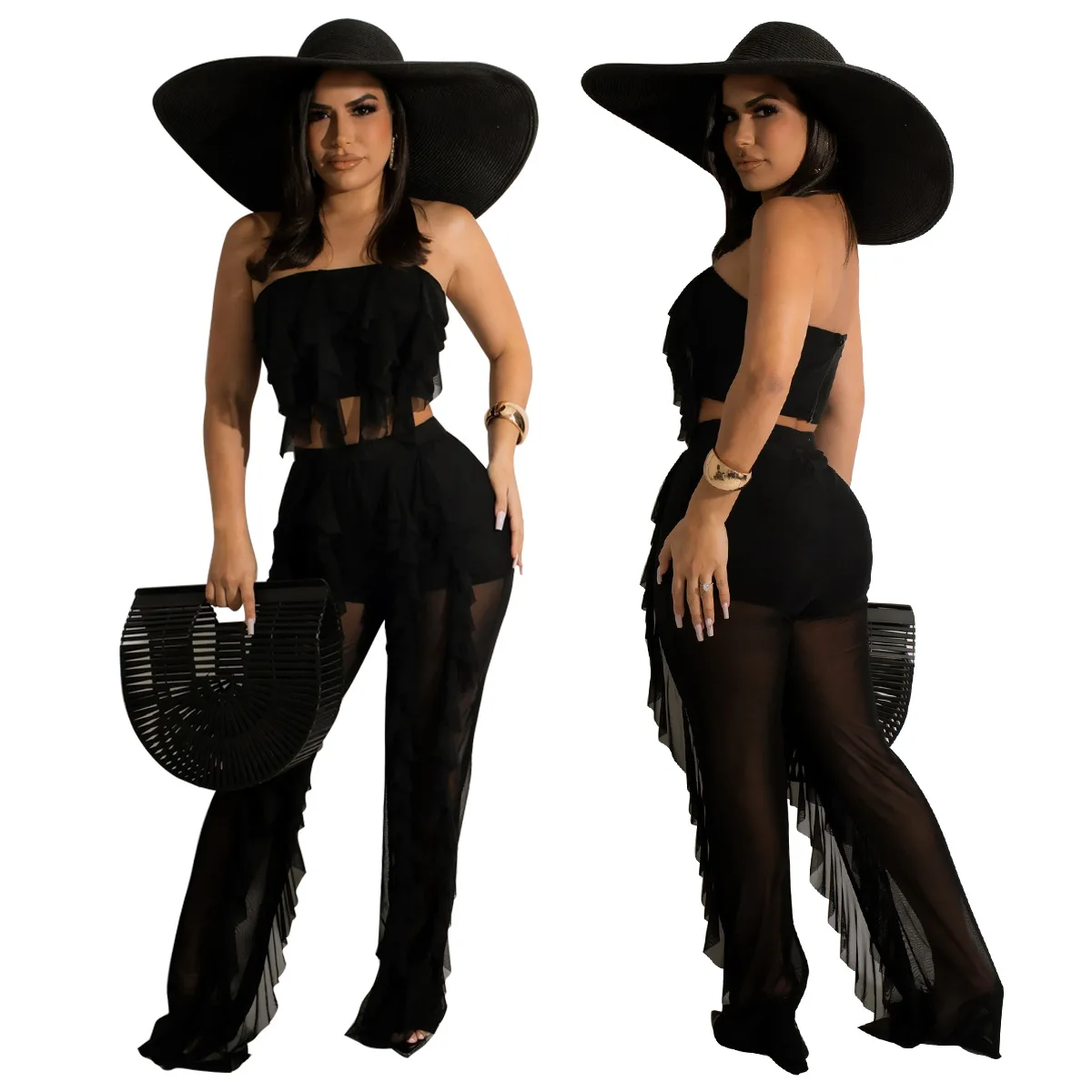Women Off Shoulder White Black Tassel Jumpsuits Ruffle Rompers Solid Color Patchwork Slash Neck Playsuits Mesh