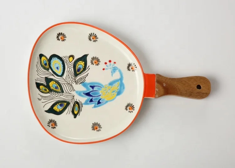 
Nordic handpainted Kitchen Restaurant Plates handpainted porcelain food dish with bamboo handle 