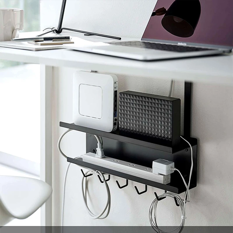 2 Tier Hanging Wire management Holder living room Under Desk router Organizer rack Tray metal With hooks Socket manager shelf