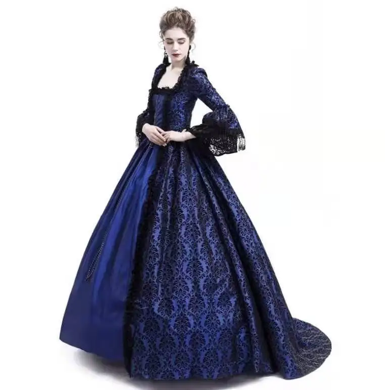 factory christmas party lace stitching flare long sleeve luxury medieval retro court women dress